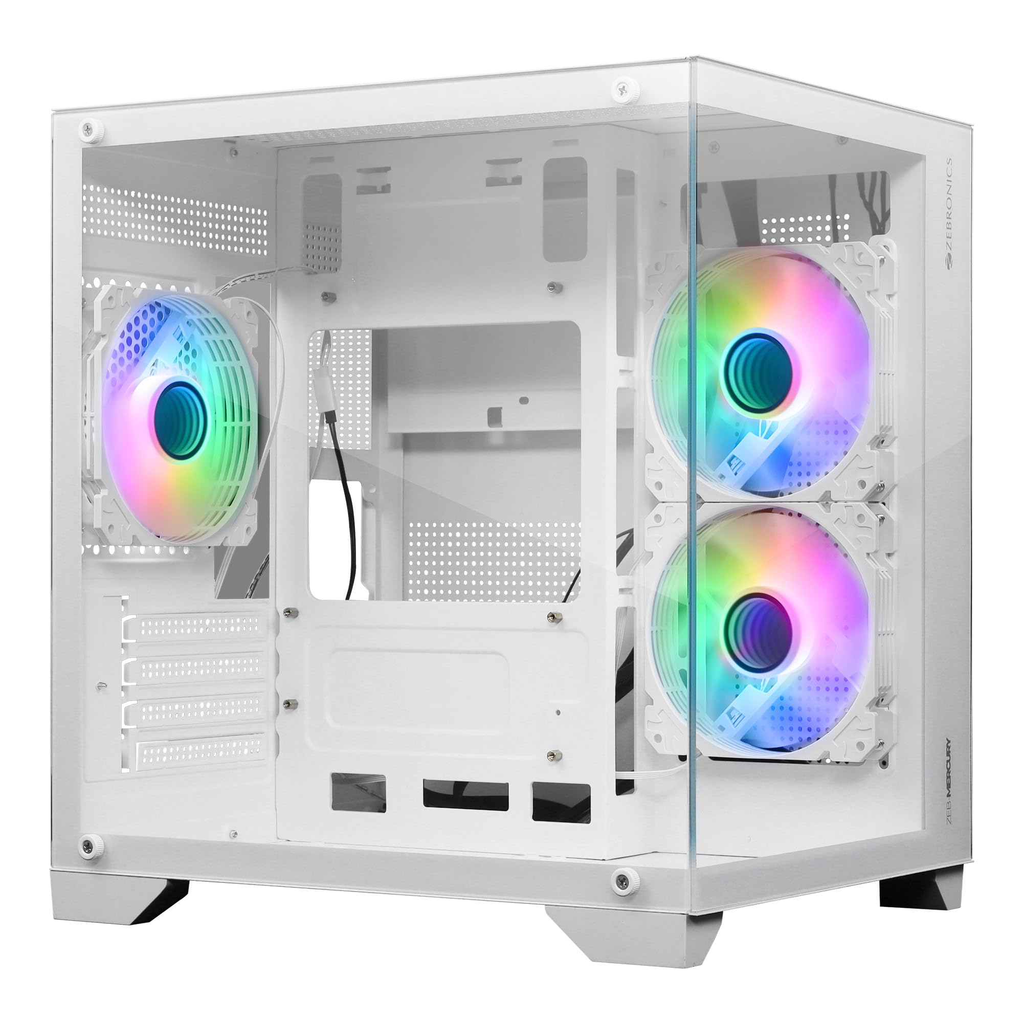 ZEBRONICS MERCURY Premium Gaming Chassis with support for mATX | Mini ITX | 240mm AIO, Dual Chamber Design, Infinity Ring ARGB Fan, Wraparound Tempered Glass (White)