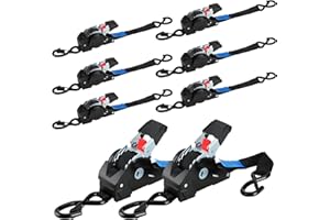 TLGREEN 8 Pack Retractable Ratchet Straps, 3m x 25mm Auto-Retract Tie Downs with Safety Clips and S Hooks, 750kg Breaking Strength, Heavy-Duty Automatic Tensioning Belts for Securing Cargo, Trailers, Black