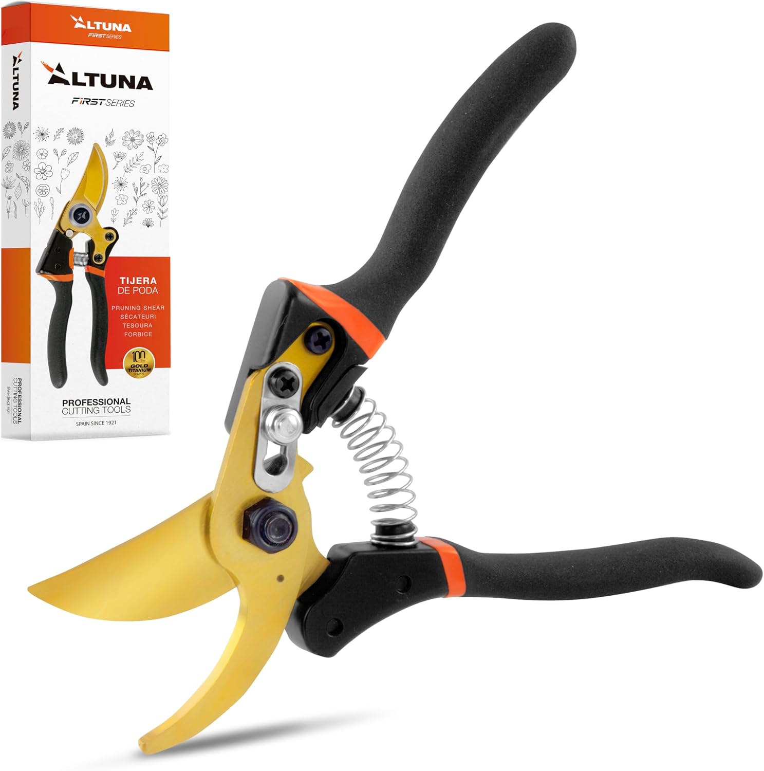 Altuna TR15 - Tijeras de Podar de Titanio - Tijera de Jardín Profesional con Hoja SK5 - Corte Bypass Preciso - Mango Metálico Antideslizante - Diseño Ergonómico - Ideal para Regalo - Caja Incluida