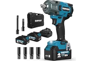 DURFICST 1000N.m Pistola de Impacto Bateria, 1/2 Pulgada de Pistola de Impacto con Batería, Cargador Rápido, 4 Llaves de Vaso y 2 Alargaderas, Impacto Electrica para Coche, Camión y Hogar