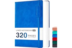 NIRMIRO A4 Lined Notebook Hardback, 320 Pages A4 Notepad, Leather Notebook Journal with 100GSM Thick Paper, Inner Pocket, for School Office Work Writing, 21.5 x 28 cm, Blue