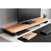 carpentray 100cm Wooden Computer Long Monitor Stand, Monitor Riser Desk Shelf Desktop Legs Stand TV Laptop Riser with Keyboar