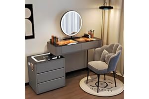 yalmond Drewniany zestaw toaletki z lustrem świetlnym LED, biała toaletka do sypialni z 5 szufladami i krzesłem, stolik do makijażu, nowoczesny zestaw biurkowy do makijażu, szary, 100 cm