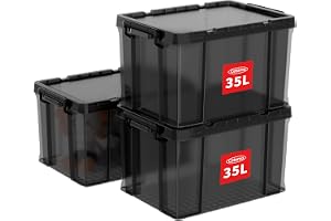 Cetomo 35 L x 3 kraftiga förvaringslådor, stapelbar förvaringslåda i plast med lock, förvaringsfack med förstärkta hörn, vert