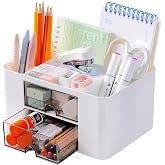 Recluse White Plastic Table Organiser,Desk Organiser with 5 Compartments and 2 Small Drawers Organizer for Home or School,Off