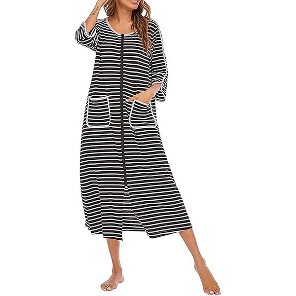BESDEL Casual lang nachthemd voor dames, comfortabel nachthemd van katoen, huisjas met ritssluiting, loungewear met bloemenprint en zakken, S-XXL, Bloemenprint - Blauw, M