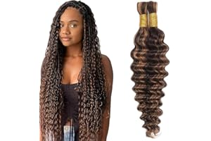 Tuheerst Human Braiding Hair For Boho No Weft P4/30 Highlight Brown Deep Wave Light Brown 50g/Bundle Total 100g Unprocessed Knotless Braids Human Hair Extension For Women 20 20 Inch