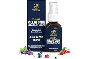 ‎VITACTIV NATURAL NUTRITION VITACTIV Melatonin Spray Hochdosiert 50ml – 0,5 mg Melatonin pro Tagesdosis - 385 Tage Vorrat, Zuckerfrei & Vegan - plus Passionsblumen Extrakt, Vitamine B1 und B6 - Sofort-Spray Gemischte Früchte