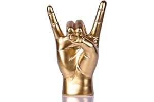 QIANLING Statue aus goldfarbenem Kunstharz mit Rock-auf-Hand-Geste – dekorative Tischskulptur für Liebhaber der Rockkultur und Musik als Dekoration für Bücherregale, Kaminsims zu Hause oder im Büro (Gold)