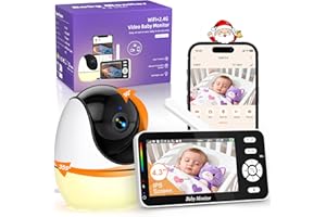 BURNNOVE Baby Monitor Video e Audio WiFi 4,3 Pollici IPS 3500mAh Batteria VOX, Luce Notturna, Sveglia, Ninna Nanna, Rilevamento della Temperatura Condivisione dello Schermo con Più Persone