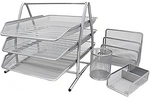 EasyPAG Office Desk Tidy 4 Piece Organiser Set - 3 Tier A4 Filing Tray,Pen Pot,Sticky Note Holder,Letter Sorter Rack,Silver