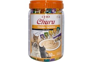 INABA Churu - Premios para Gatos - Snacks Receta con Pollo, Varios Sabores - Textura Cremosa - Sin Cereales, Conservantes, Colorantes - Sólo 6 Cal - 50x14g