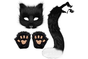 LIUZHIPENG Faux Fur Cat Wolf Mask Tail and Gloves Set Furry Paw Gloves Costume Cosplay Animal for Halloween Christmas Party
