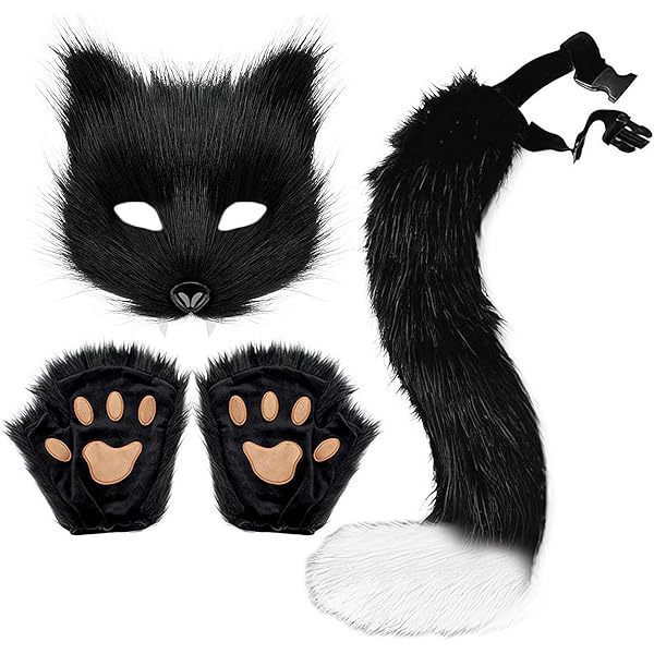 Ulikey Wolf vossenstaart aantrekset, Halloween kunstbont kattenoren, pluche wolf vossenstaart kinderkostuumset met staart, hoofdband en handschoenen, set voor Halloween, carnaval (grijs