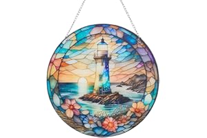 CREATCABIN Atrapasueños de Faro, Colgantes de Ventana de Acrílico Redondos, Adornos de Vidrio para Ventana, Arte de Pared con Flores, Atrapasol, Regalo para Mamá, Mujer, Cocina, Sala de Estar, 7.9x7.9