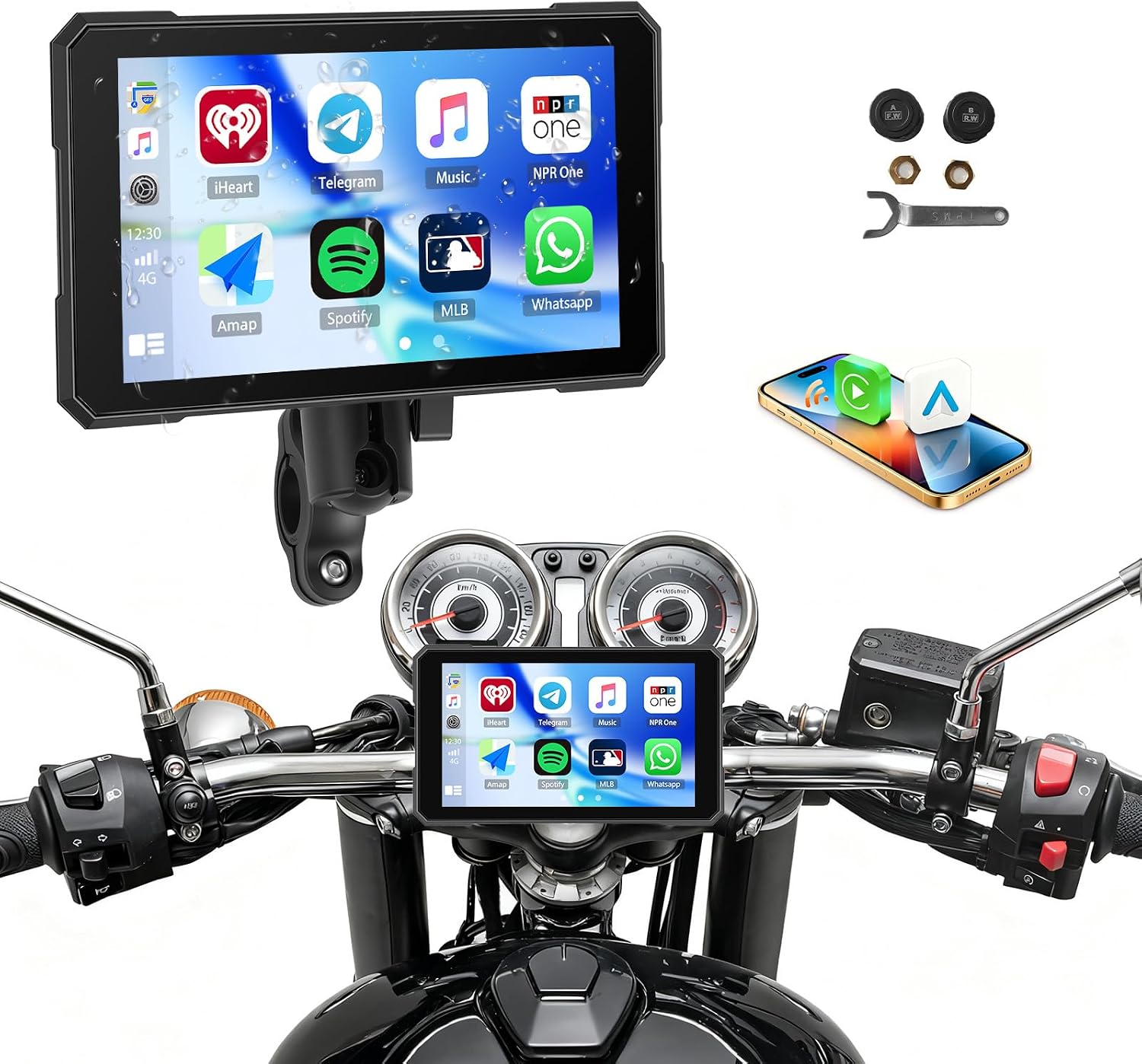 CAMECHO Motorrad CarPlay mit Dual-Kameras, 8.1“ Wireless CarPlay & Android Auto IPS68 Bildschirm, Motorrad navi Unterstützung Bluetooth/Mirror-Link/Bluetooth/EQ/Druckdetektion