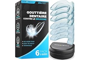 HONEYBULL Gouttiere Dentaire Bruxisme Thermoformable, Protège-Dents Anti Ronflement Gouttières Occlusale Arrêter Le Grincement Des Dents Disponible en 2 Tailles Avec Boîte de Rangement, Pack de 6