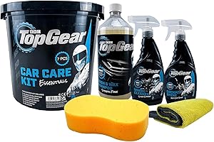 SMARTRICH Top Gear - 7 Piece Car Cleaning Kit - Includes, 10L Bucket, Wash And Wax Shampoo, Wheel Cleaner And Cockpit Shine - Large Sponge And Microfibre Cloths