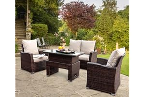GOODS EMPORIUM 4 Seater Rattan Garden Furniture Set - Outdoor, Patio furniture, Conservatory Sofa sets - RAIN COVER INCLUDED (Dark Brown with Rising Table)