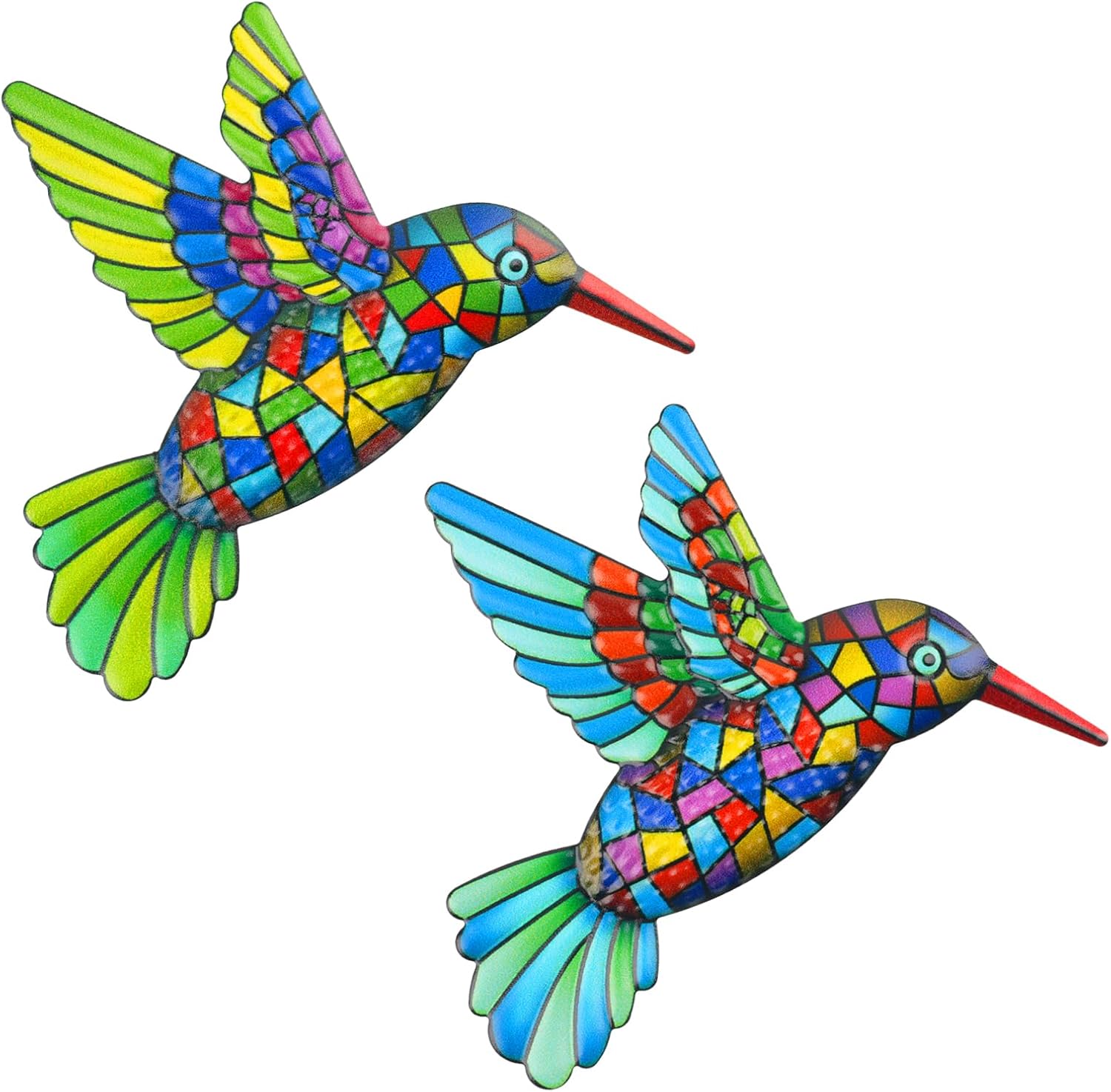 Weysoo 2 Pcs Metal Hummingbird Garden Ornaments Outdoor,Wrought Iron Colorful Hummingbird Wall Decor for Outside Garden Patio Fence Home Bedroom Hanging Decoration