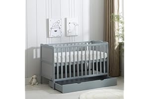 MCC DIRECT MCC Grey Wooden Baby Cot Bed & Rollaway Drawer & Aloe Vera Water Repellent Mattress (Orlando Drawer Grey)