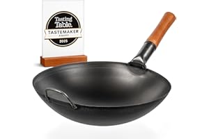 YOSUKATA Wok en acier au carbone de 35,6 cm avec fond rond – Wok Pow pré-assaisonné pour sauté – Poêle traditionnelle chinoise japonaise en acier noir – Batterie de cuisine d'extérieur pour cuisinière