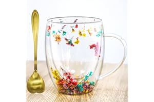 Afitdon Tasses à double paroi - Motif fleur éternelle - Tasse en verre à double paroi avec cuillère - Tasse à café à double paroi pour cappuccino, latte macchiato, thé, glace et lait - Cadeau pour