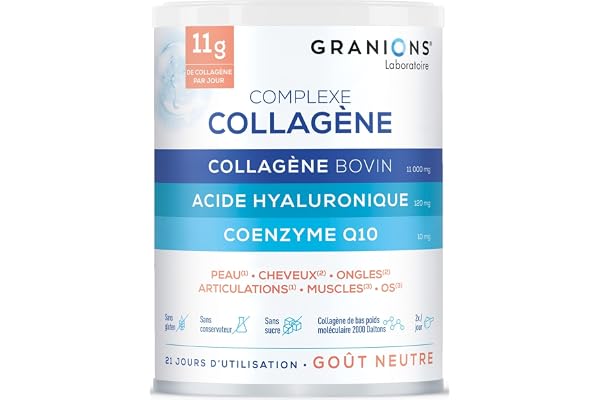 GRANIONS Complexe Collagene et Acide Hyaluronique - GRANIONS Collagène N°1 en Pharmacies - Coenzyme Q10 + Vitamine C + Selenium - Action 6 en 1 - Poudre - Goût Neutre 21 Jours