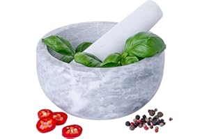 Homiu Marble Pestle And Mortar Set | Premium Solid Stone Grinder Bowl | Herb Grinder Kitchen | Large 15.5cm Diameter | Ideal for Guacamole Spice Herb Ginger Garlic Crusher