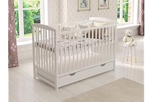 Love For Sleep JACOB Wooden Baby Cot Bed 120x60cm with Covered Drawer, Safety Wooden Barrier & Teething Rails (White)