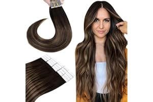‎HETTO Hetto Echthaar Tape in Extensions Balayage Braun Tape Haarverlangerung Remy Echthaar Tape in Extensions Dunkelstes Braun to Aschbraun 50cm 50g