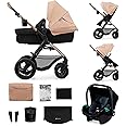 Kinderkraft MOOV2 AIR Pram 3 in 1 Set, with Infant Car Seat Mink PRO I-Size, Travel System, Baby Pushchair, Buggy, Foldable, for Newborn, from Birth to 3 Years, Inflatable Wheels, Beige