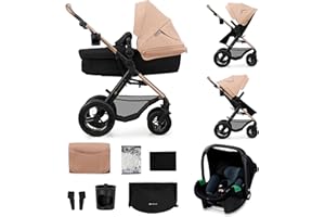 KK KINDERKRAFT Kinderkraft MOOV 2 AIR Passeggino Trio 3 in 1, navicella e passeggino 2 in 1, seggiolino auto i-Size, travel system, ruote gonfiabili ammortizzate, da nascita a 22 kg, Beige