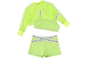 Jowowha Kinder Hip Hop Kleidung Mädchen Langarmshirt Crop Tops + Sport BH Bustier + Sport Shorts Streetwear Jazz Tanzkleidung