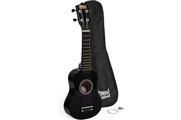 Tiger Mad About SU8 Ukulele Soprano en negro con estuche, púa y cuerdas de repuesto GRATIS, óptima para escuelas y principiantes