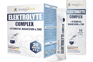 ‎PHARMAVITAL PharmaVital Elektrolyte Complex Vitamine und Elektrolyte, unterstützt Wasserhaushalt, Nervensystem, mit Vitamin B6 Kalium Chlorid Magnesium Zink Natrium, 30 Pulversticks je 8g zum Auflösen in Wasser