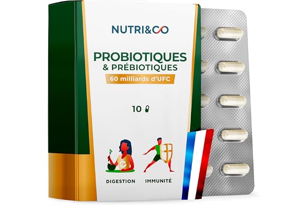 NUTRI & CO Probiotique Flore Intestinale - 60 Milliards d'UFC/jour - 9 Souches Bio-actives 2 Lactobacillus Brevetées - 10 Gélules Gastro-Résistantes aux Enzymes Digestives - Conditionné en France
