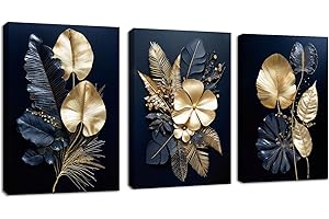 FajerminArt 3 Pcs Fiori blu navy oro Quadri Moderni Stampa su Tela Foglia di Monstera Tropicale pittura su tela poster Quadri su tela Decorazione Murale Soggiorno Camera da letto 150x70cm(50x70cmx3)