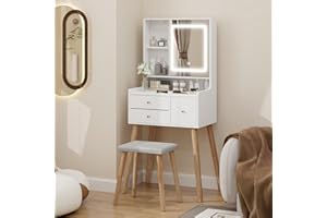 YU YUSING Tocador de Maquillaje con Luz y Taburete Tapizado, Tocador de Dormitorio 3 Cajones, 5 Estantes Abiertos, Espejo LED 3 Colores, Iluminación Regulable, Mesa de Maquillaje 60cm, Moderno Blanco