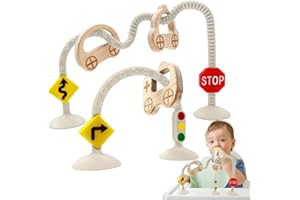AITUITUI Infant Relief Sensory Toys for Babies 6 7 8 9 12 Months, Suction Cup High Chair Toys for Toddlers, Silicone Travel with Car Wooden Ring for Traffic Cognition Enlightenment Gifts