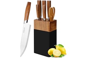 lapelux Kitchen Knife Set - 6 Piece Kitchen Knives with Knife Block, Wood Grain Handle, Sharp Stainless Steel Knife with Chef, Bread, Slicer, Utility, Paring Knife for Cutting Vegetables/Meat/Fruit.