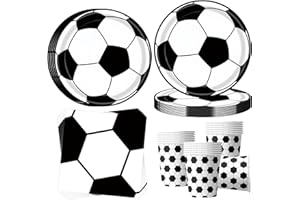OMZSXK Fußball Partygeschirr für 16 Gäste,Schwarzer und Weißer Fußball Partyteller Geburtstag Deko Geschirr,Fussball Pappteller Becher Servietten Mädchen Junge Mottoparty Kindergeburtstag
