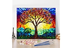 TISHIRON Szablon do malowania według liczb dla dorosłych – abstrakcyjne drzewo z witrażu, obraz olejny "zrób to sam", obraz olejny 40 x 50 cm, płótno z farbami akrylowymi, dekoracja do salonu i sztuki