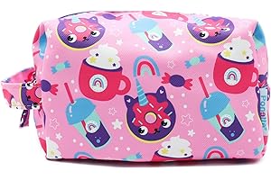 PONETTE - Neceser Infantil en Tejido Rosa con Divertido Estampado de Gatos Unicornio, Refrescos y Chuches, Niño, Niña, Viaje, Estuche, Bolsa, Piscina, Colegio, Marca Española