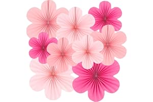 SUNBEAUTY 9 Pcs Paper Decorations Paper Flowers Fans Decorations Hanging Flowers Backdrop Pink Party Decor Hanging for Birthdays Weddings Baby Shower Spring Tea Party Table Decoration