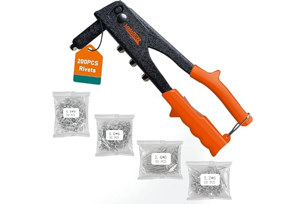 Meiwaltee Pince à rivets avec 200pcs rivets, Professionnelle Robuste 4 en 1 Riveteuse Manuelle - 4 Tailles : 2.4 MM - 3.2 MM - 4.0 MM - 4.8 MM,Outil de rivetage pour Automobile, Meubles, Instruments