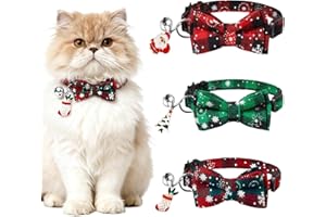 Werownsgso 3 sztuki bożonarodzeniowych obroży dla kota z dzwonkiem, kostium bożonarodzeniowy, regulowany, czerwony, zielony w kratkę, płatki śniegu w kratkę, obroże dla kotów, na Boże Narodzenie