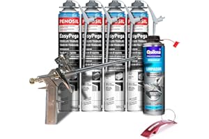 BRICOLEMAR Pack Pistola Espuma T026625 + 4 Botes Espuma Adhesiva EasyPega 750ml + Limpiador Espuma Poliuretano Fresca 500ml + Llavero de Regalo (Pistola T026625 + 4 Botes EasyPega 750ml + Limpiador 500ml)