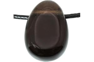 LAKADA Véritable pendentif en quartz fumé foncé en forme de goutte avec ruban en coton ciré - Pierre de tambour percée - Fermeture rotative en acier inoxydable