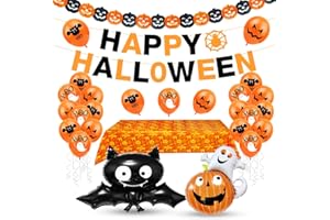 AURASKY Halloween Palloncino Decorazione Set, Tovaglia di Halloween, Palloncino Foil Zucca Pipistrello, Happy Halloween Ghirlande, Palloncini di Halloween, Decorazione per Feste di Halloween